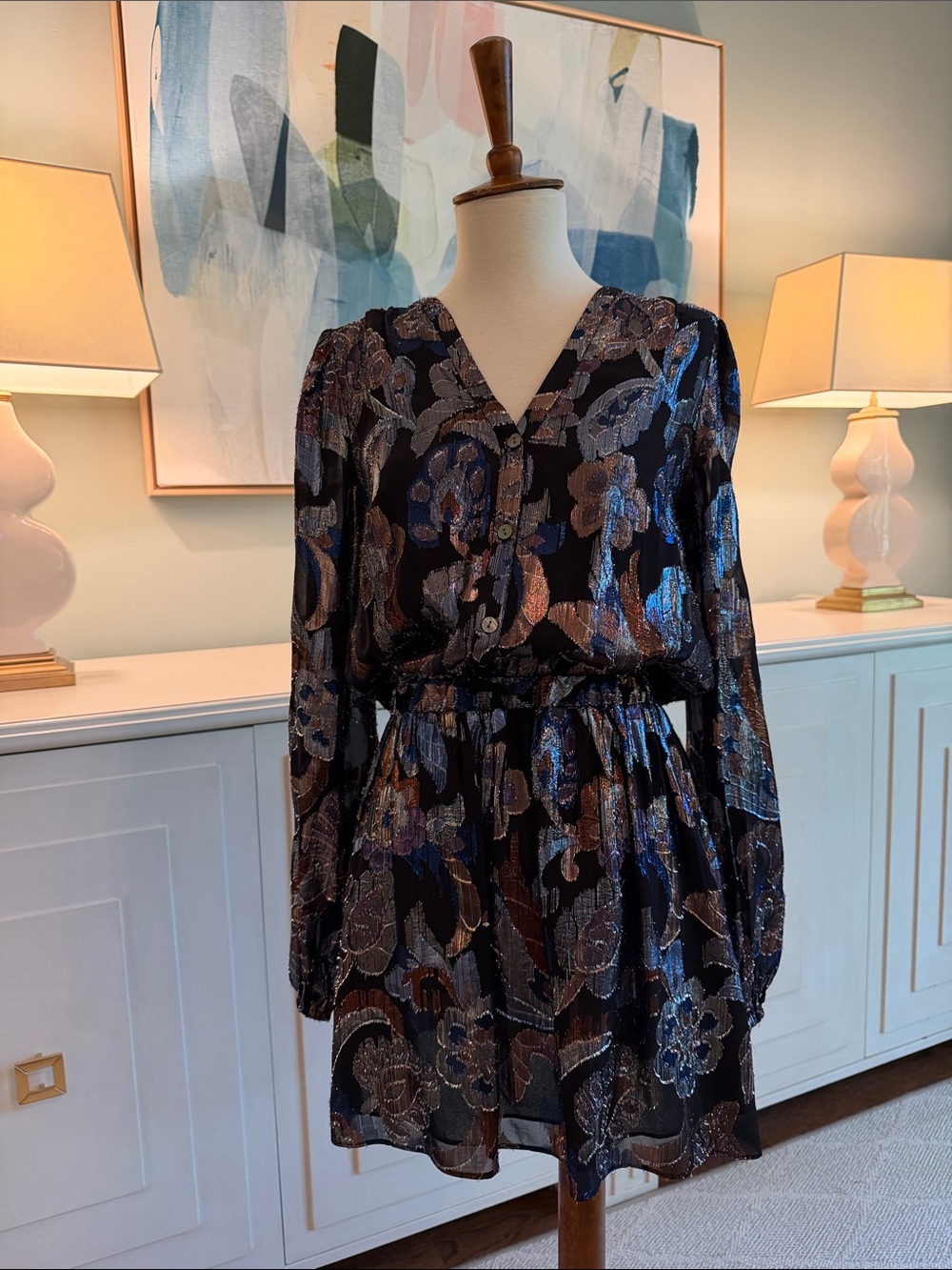 Ramy Brooke Metallic Floral Black V-Neck Long Sleeve Dress